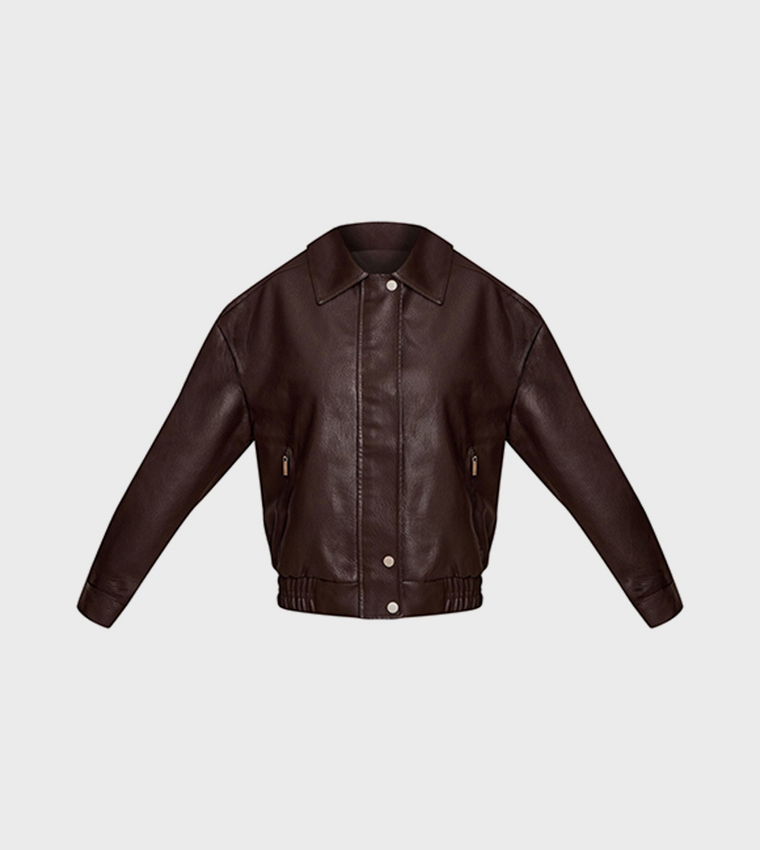 Concealed Placket Faux Leather Bomber Jacket