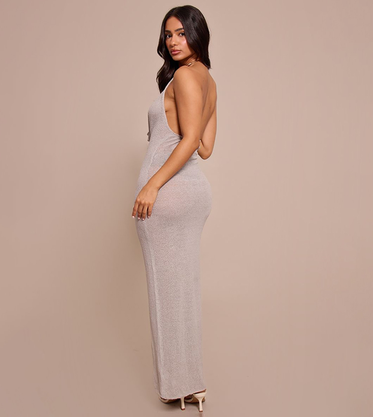 Petite Ash Gold Cuff Detail Knitted Maxi Dress