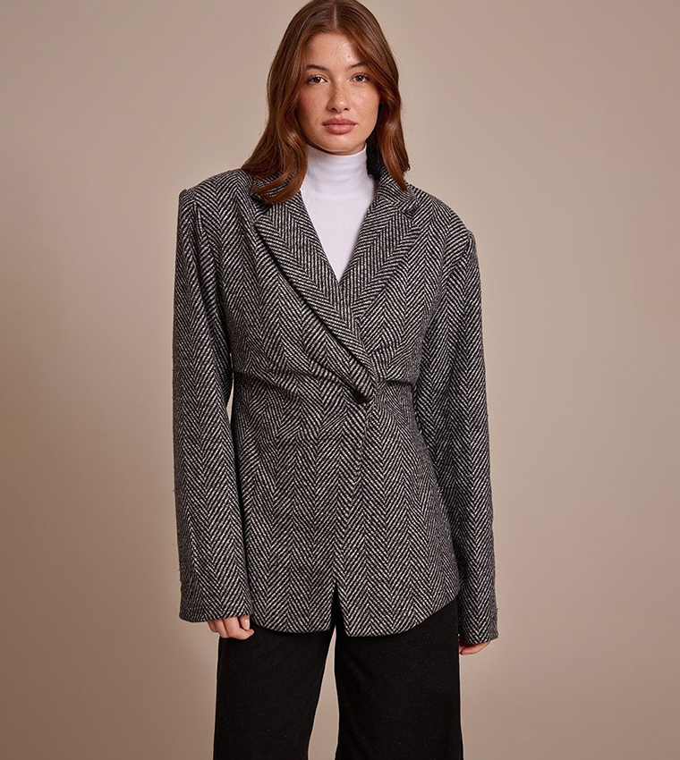 Herringbone Gathered Cinched Waist Blazer