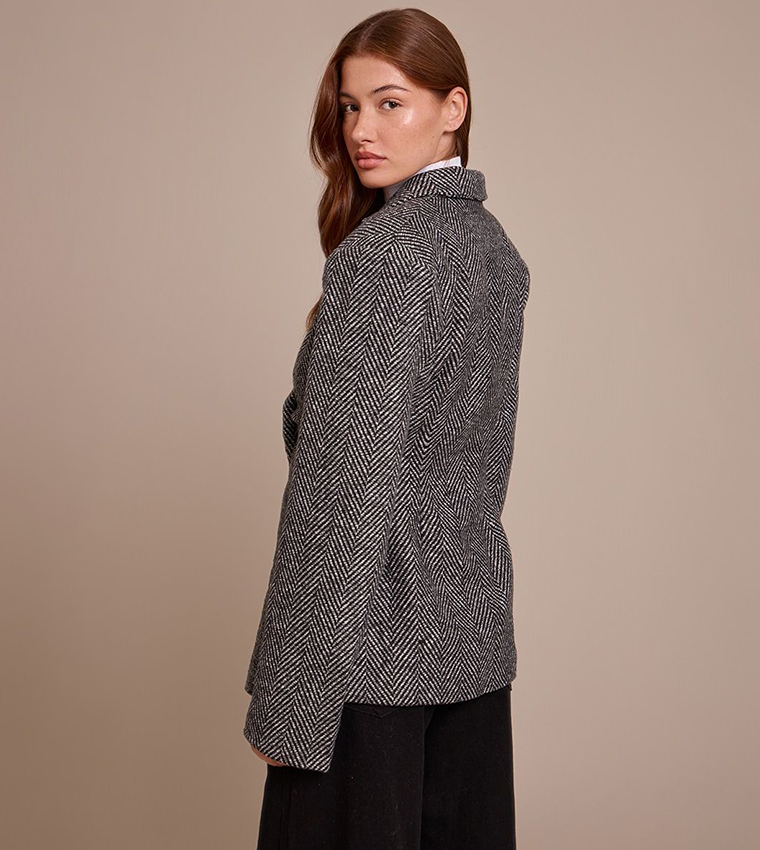 Herringbone Gathered Cinched Waist Blazer