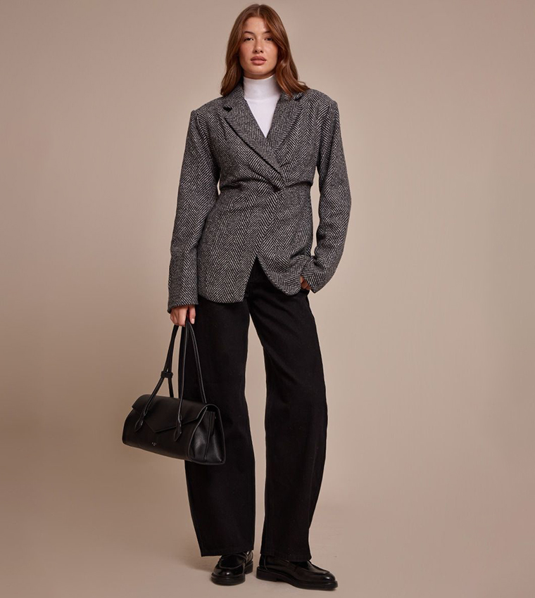 Herringbone Gathered Cinched Waist Blazer