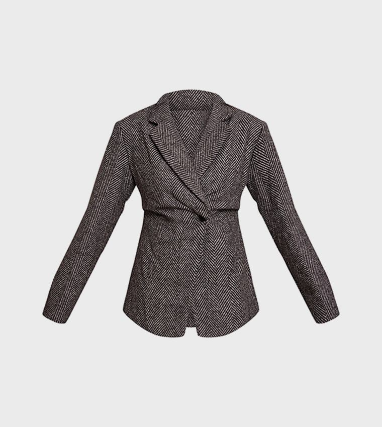 Herringbone Gathered Cinched Waist Blazer