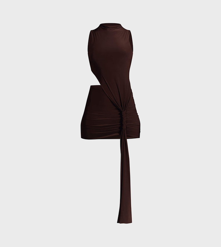 Slinky Cut-Out Ruched High Neck Mini Dress