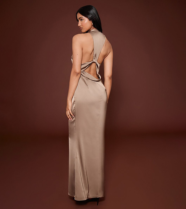 Satin V-Neck Cut-Out Back Maxi Dress