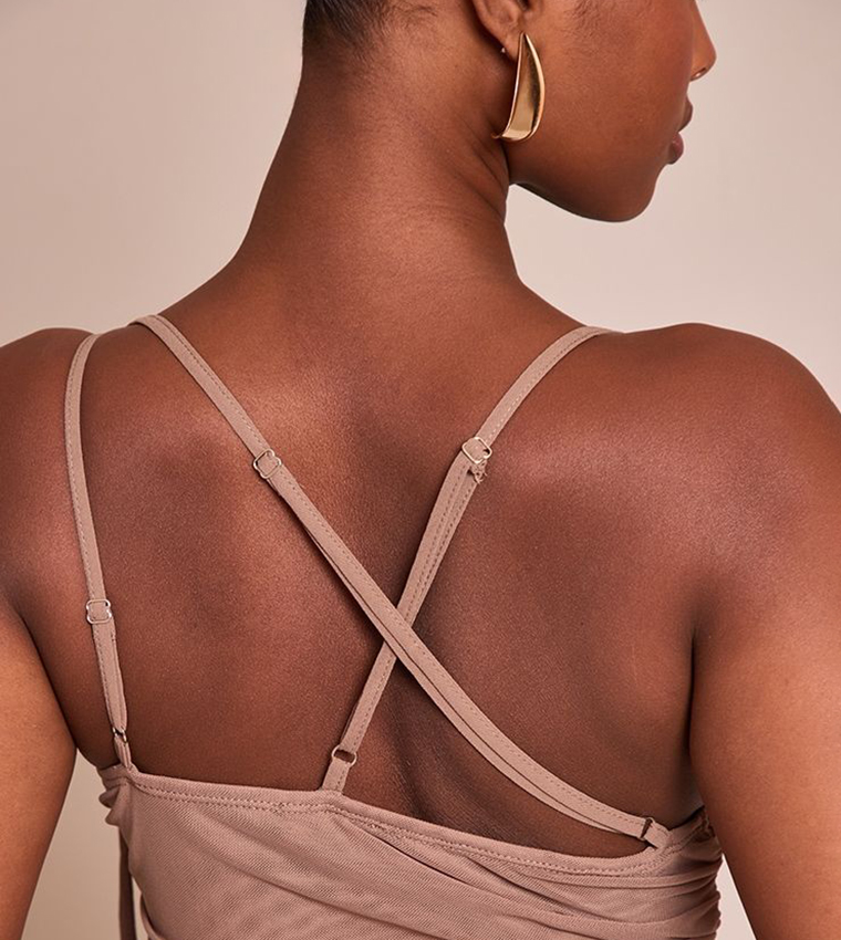 Mesh Ruched Asymmetric Mini Dress