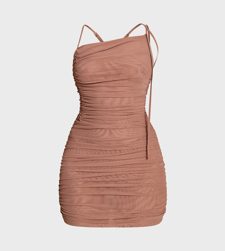 Mesh Ruched Asymmetric Mini Dress