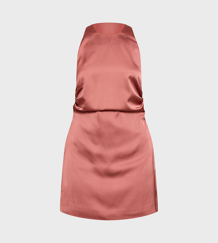 Satin Halterneck Back Cut-Out Shift Mini Dress