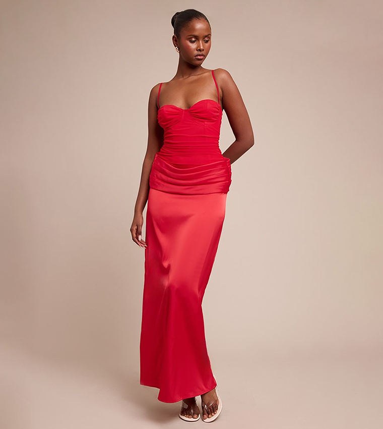 Chiffon Dropped Waist Ruched Detail Maxi Dress