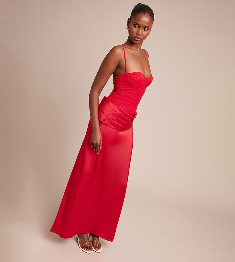 Chiffon Dropped Waist Ruched Detail Maxi Dress