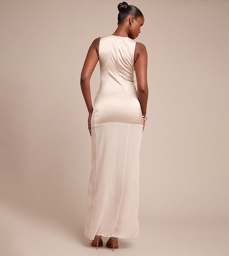 Satin Boat Neck Chiffon Detail Maxi Dress