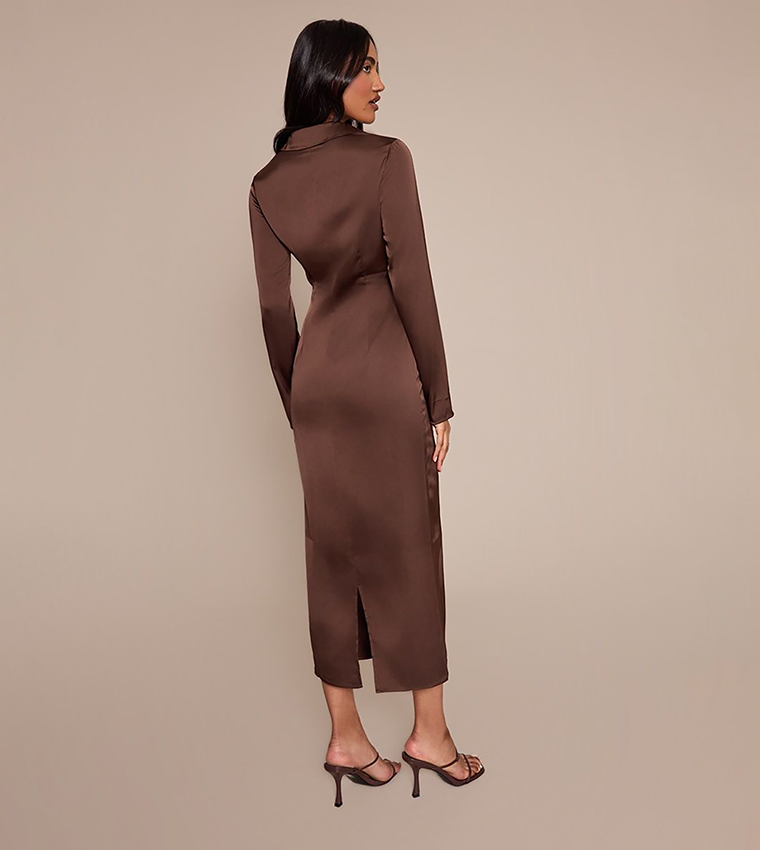Satin Ruched Detail Long Sleeves Midaxi Dress