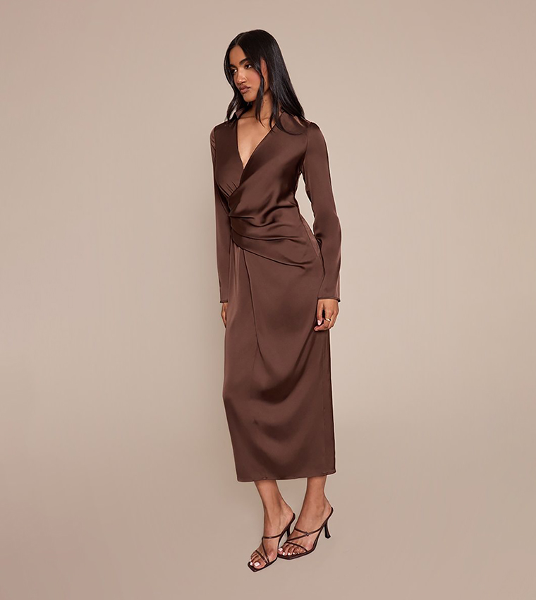 Satin Ruched Detail Long Sleeves Midaxi Dress