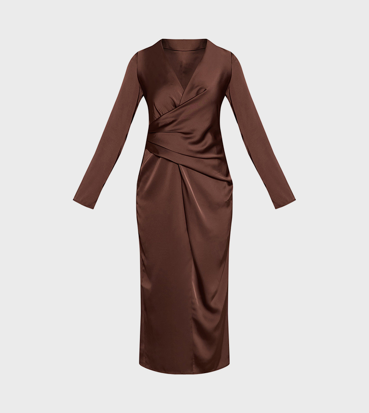 Satin Ruched Detail Long Sleeves Midaxi Dress