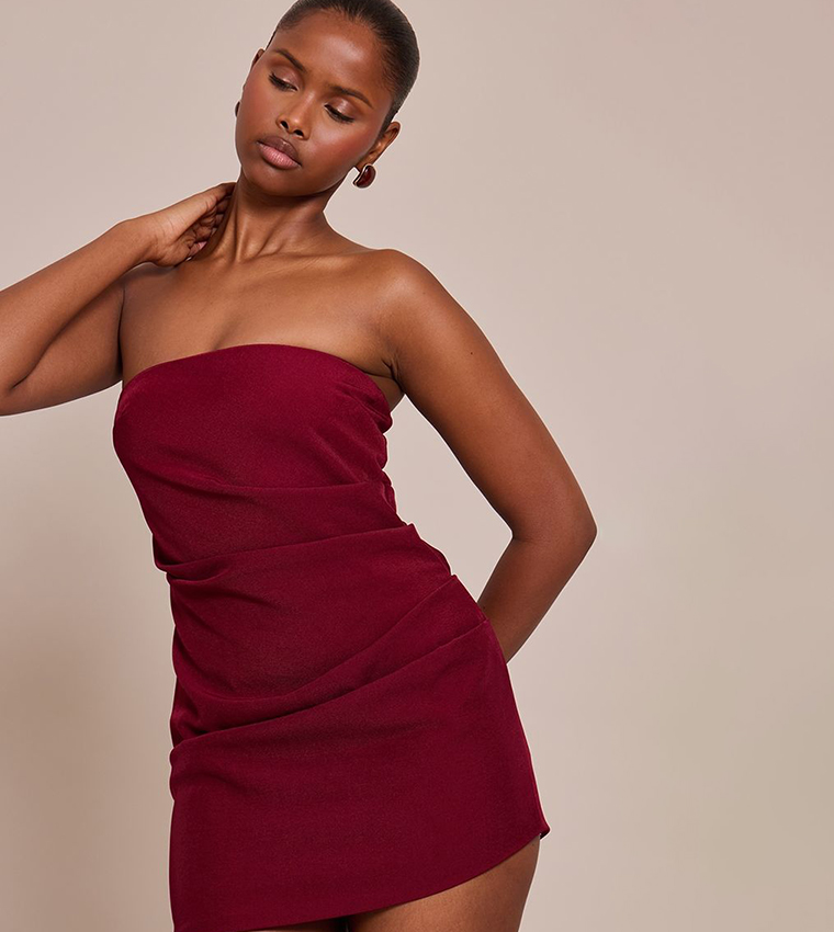 Solid Strapless Ruched Mini Dress