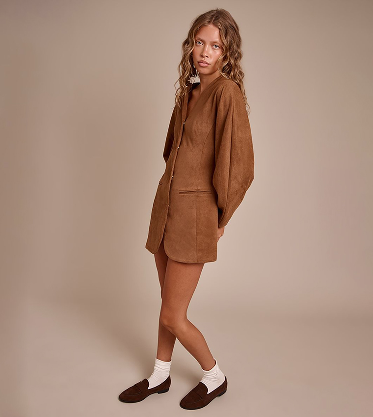 Faux Suede Cocoon Sleeves Mini Blazer Dress