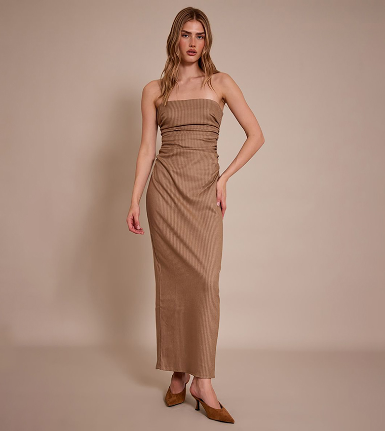 Striped Strapless Ruched Detail Maxi Dress