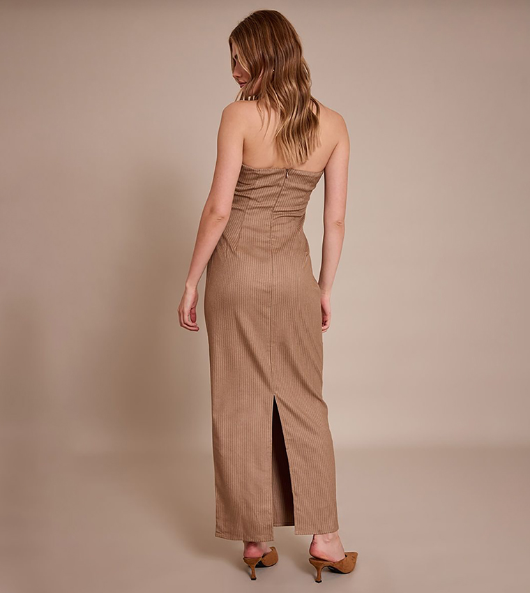 Striped Strapless Ruched Detail Maxi Dress