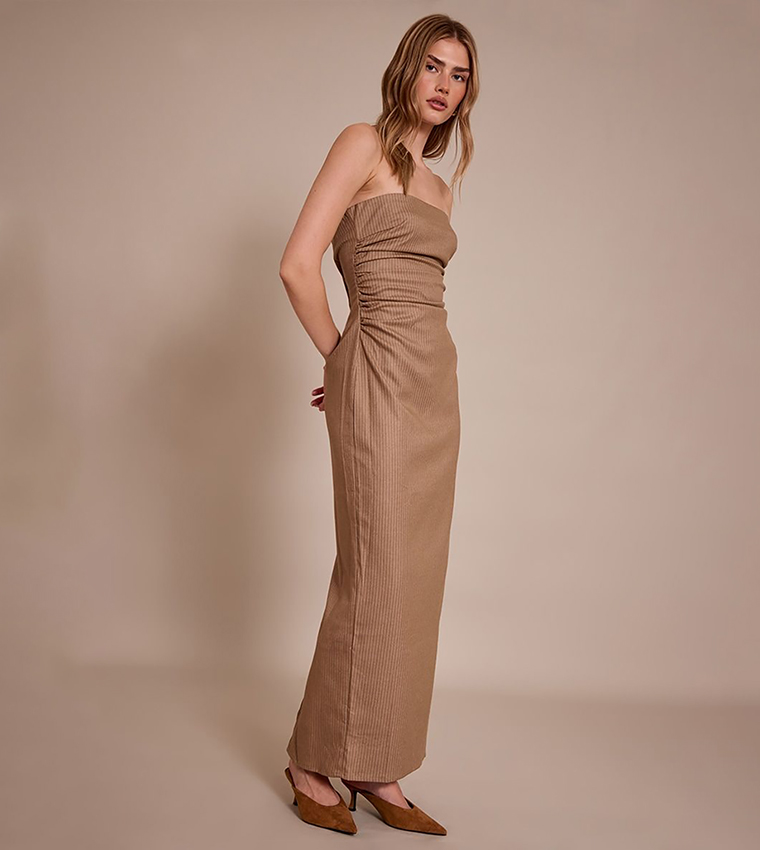 Striped Strapless Ruched Detail Maxi Dress