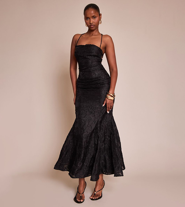 Buy PrettyLittleThing Textured Lace Up Back Maxi Dress In Black | 6thStreet  UAE