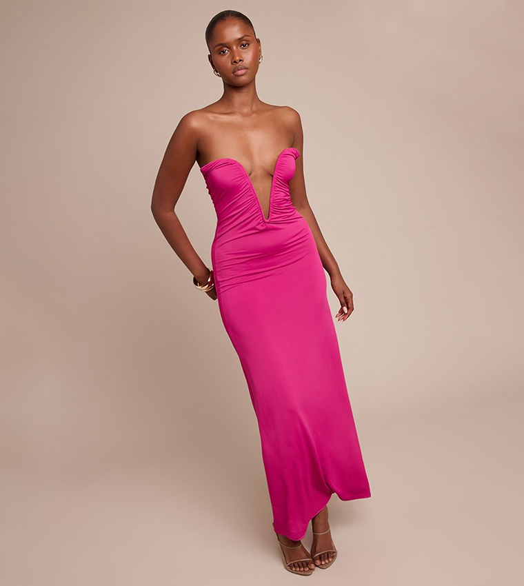 Soft Touch Strapless V Bar Detail Maxi Dress
