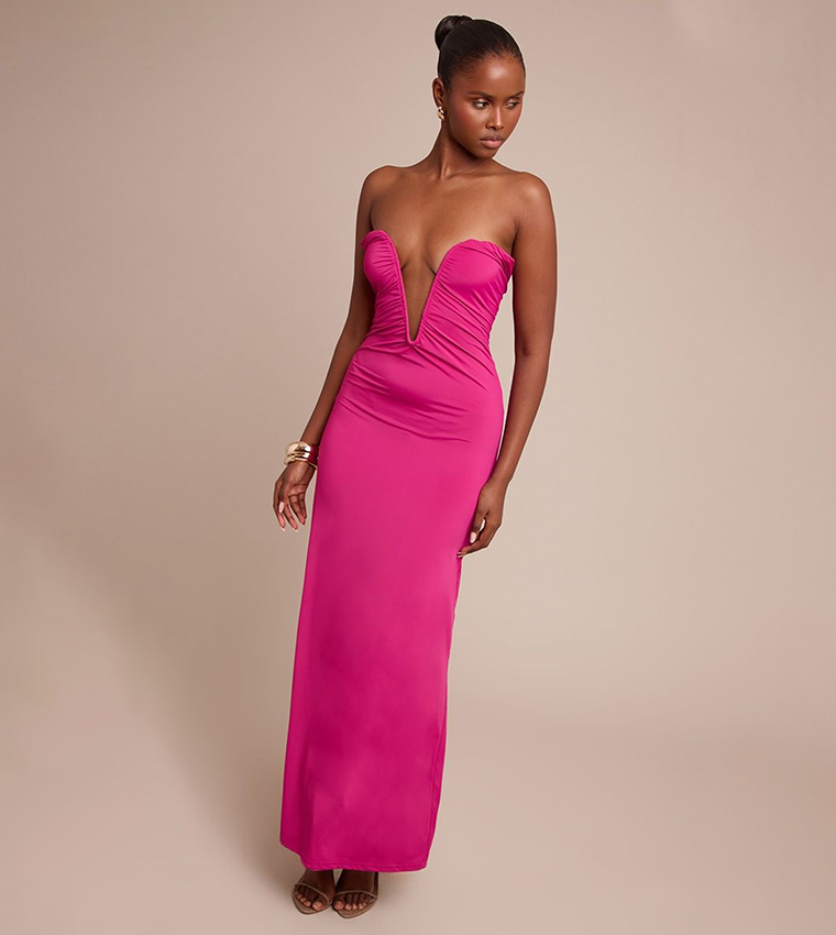 Soft Touch Strapless V Bar Detail Maxi Dress