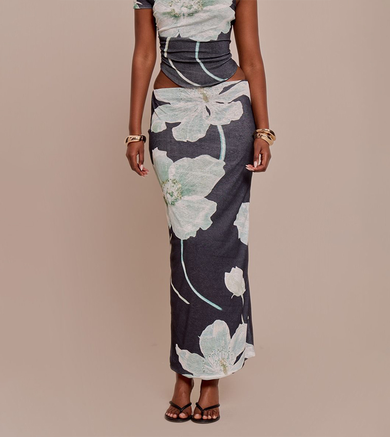 Floral Print Onion Skin Low Rise Maxi Skirt