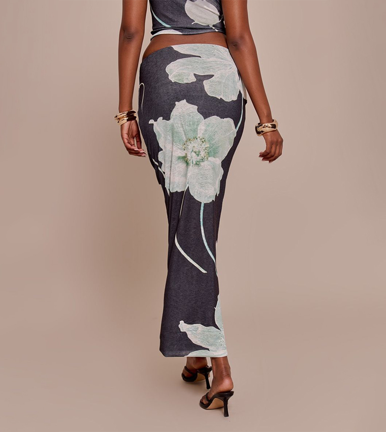 Floral Print Onion Skin Low Rise Maxi Skirt