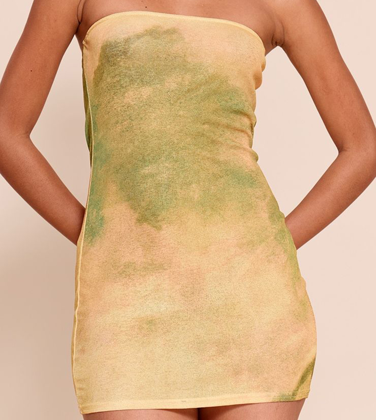 Abstract Print Onion Skin Strapless Mini Dress