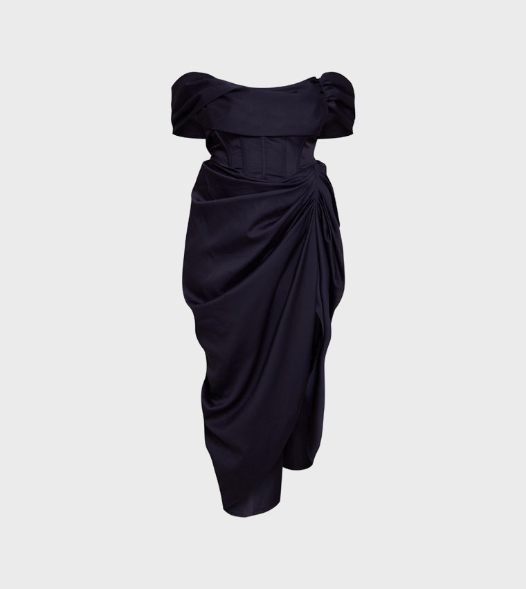 black corset bardot draped midi dress Women's Plus Black Corset Bardot Draped Midi Dress
