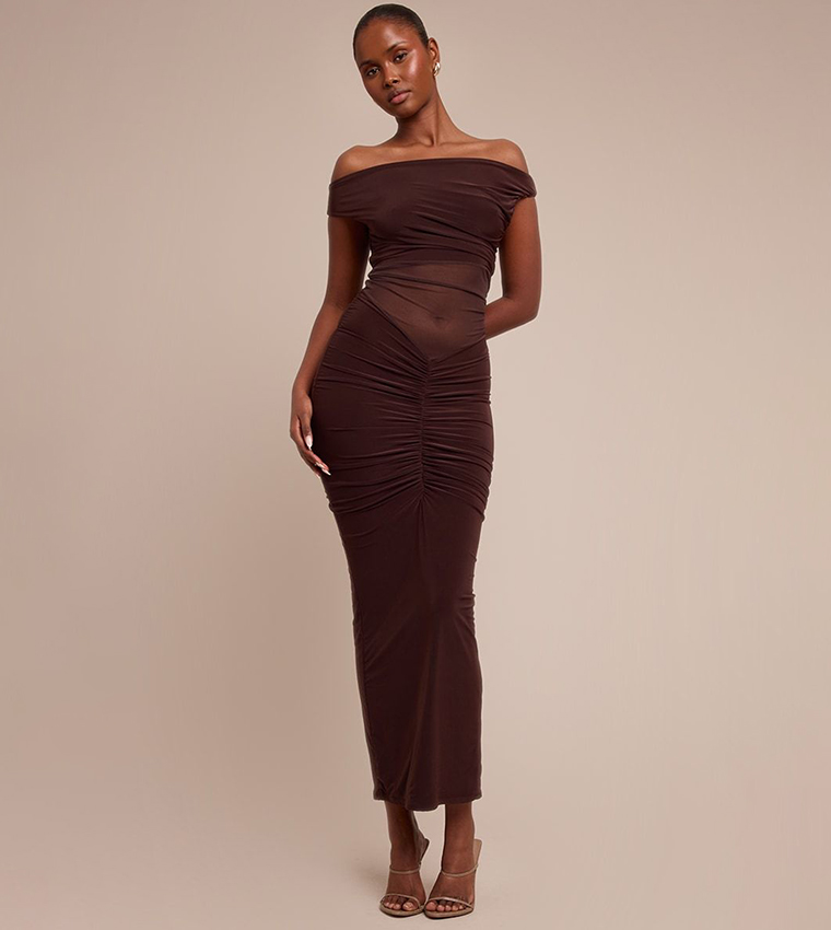 Mesh Overlay Off Shoulder Maxi Dress