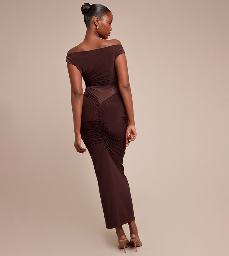 Mesh Overlay Off Shoulder Maxi Dress