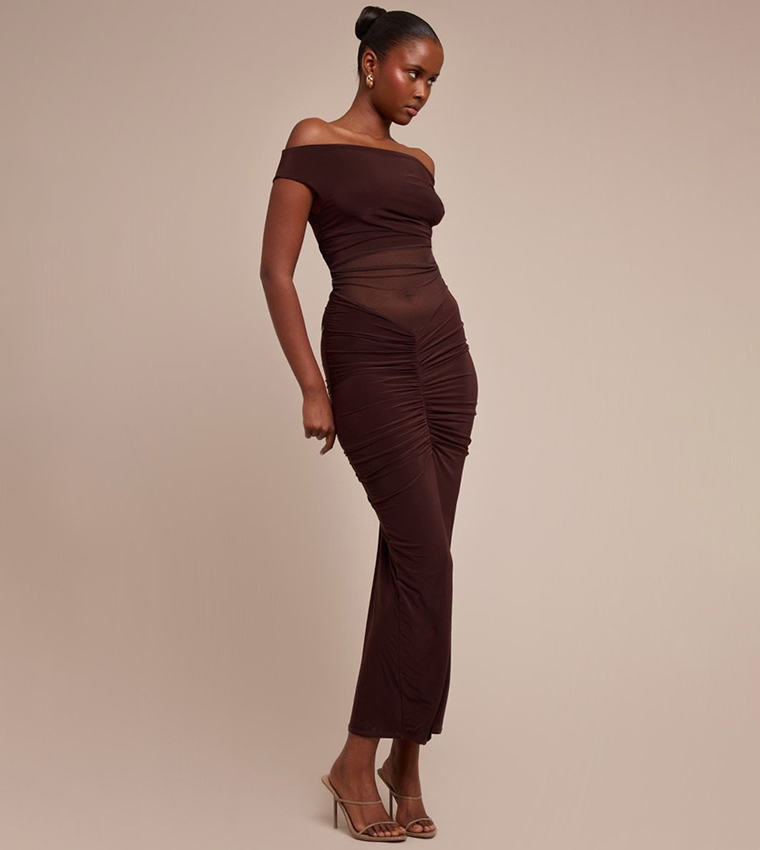 Mesh Overlay Off Shoulder Maxi Dress