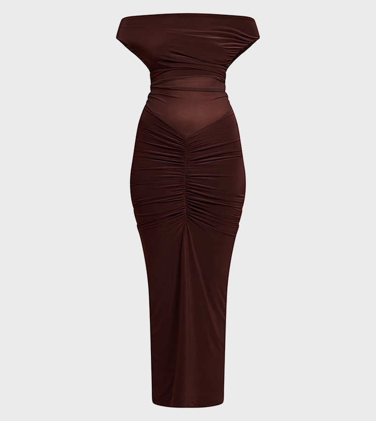 Mesh Overlay Off Shoulder Maxi Dress