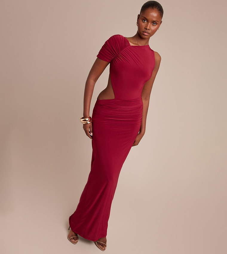 Slinky One Sleeves Ruched Maxi Dress