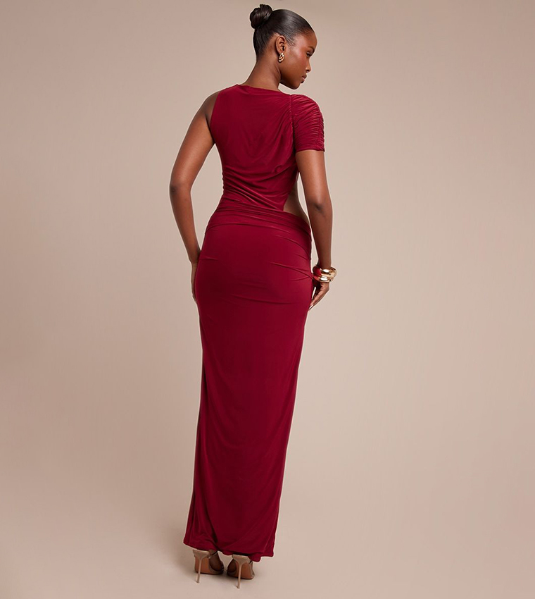Slinky One Sleeves Ruched Maxi Dress