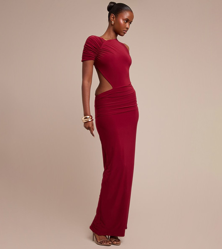 Slinky One Sleeves Ruched Maxi Dress