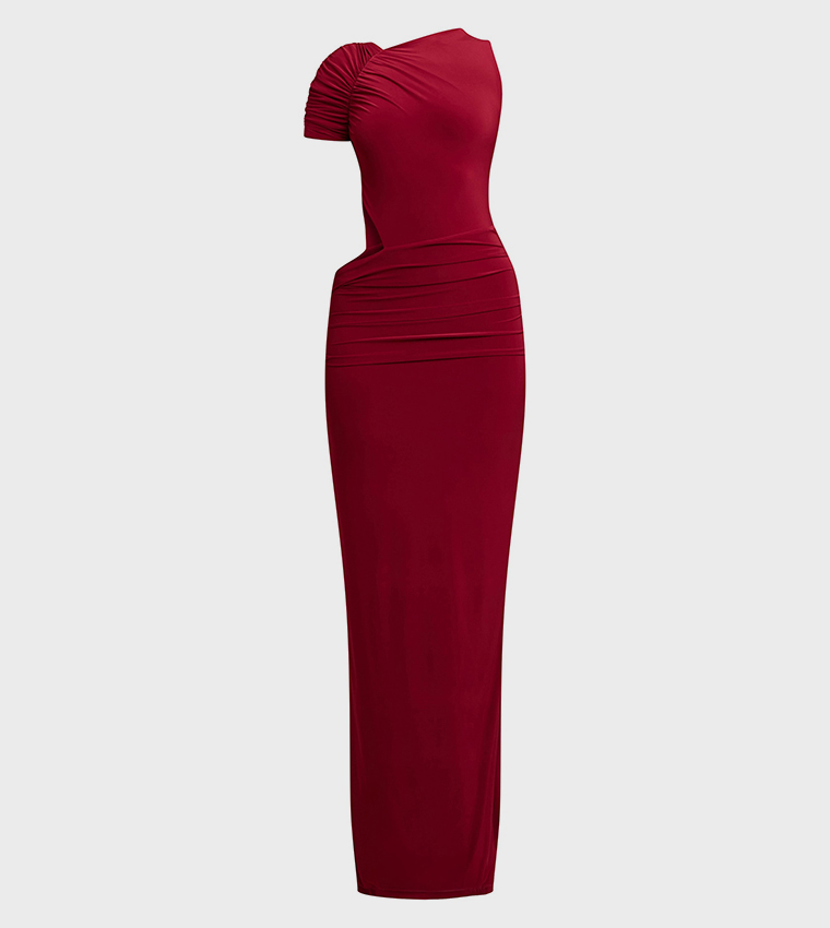 Slinky One Sleeves Ruched Maxi Dress