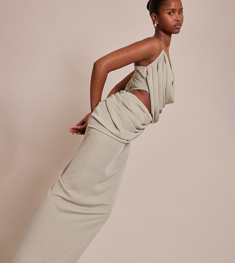 Chiffon Drape Cut-Out Midi Dress