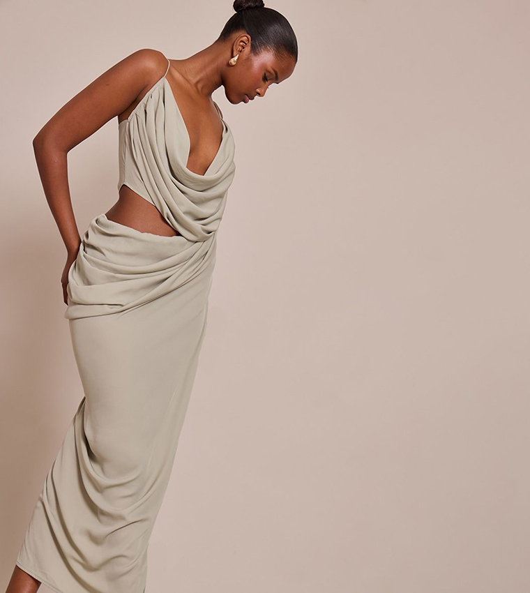 Chiffon Drape Cut-Out Midi Dress