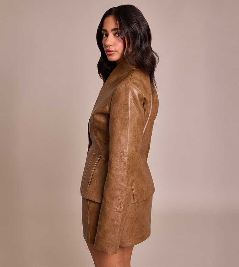 Petite Faux Leather Collarless Cinched Blazer