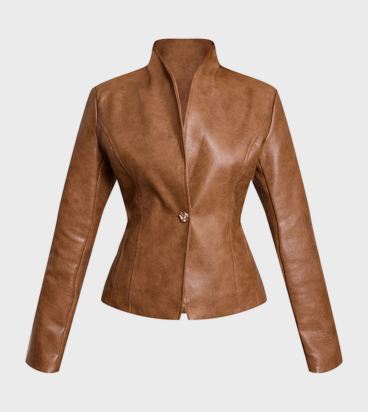 Petite Faux Leather Collarless Cinched Blazer