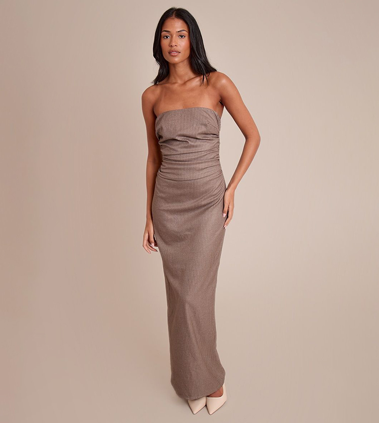 Tall Striped Strapless Ruched Detail Maxi Dress