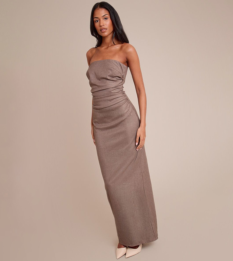 Tall Striped Strapless Ruched Detail Maxi Dress