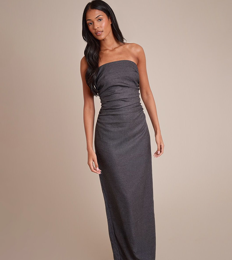 Tall Striped Strapless Ruched Detail Maxi Dress