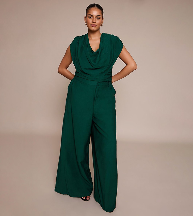 Curve Emerald Green Woven High Waist Wide Leg Trousers