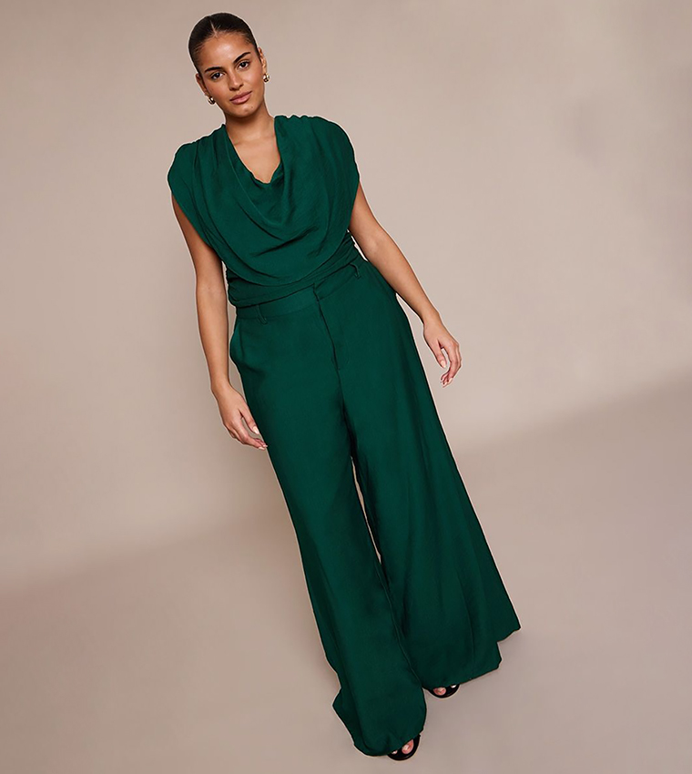 Curve Emerald Green Woven High Waist Wide Leg Trousers