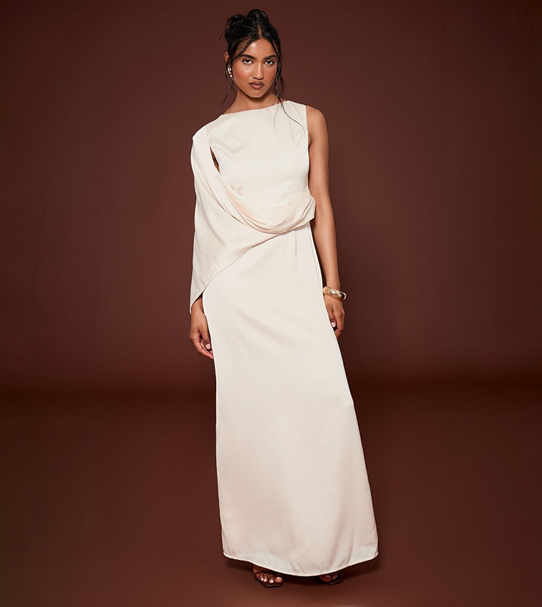 Asymmetric Cape Detail Boat Neck Maxi Dress