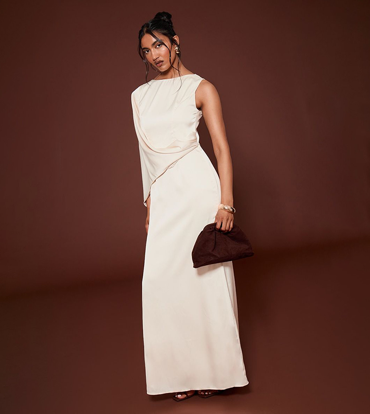 Asymmetric Cape Detail Boat Neck Maxi Dress
