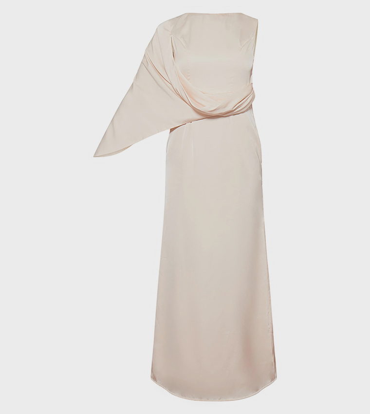 Asymmetric Cape Detail Boat Neck Maxi Dress