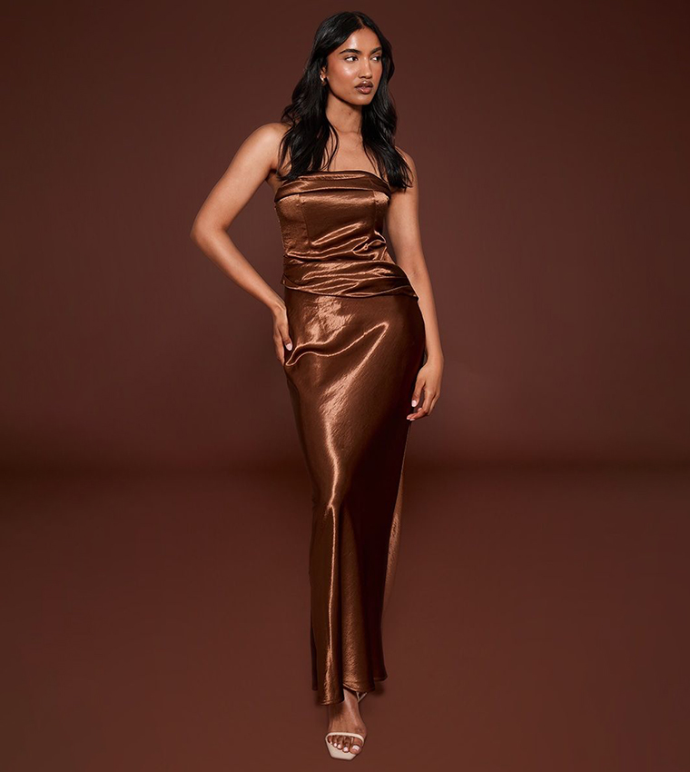 Pleated Bust Detail Strapless Maxi Dress